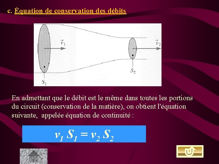 c. Équation de conservation des débits En admettant que le débit est le même