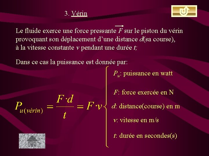 3. Vérin Le fluide exerce une force pressante F sur le piston du vérin