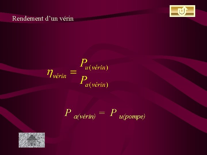 Rendement d’un vérin P a(vérin) = P u(pompe) 