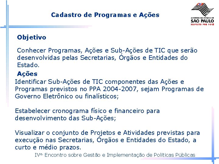 Cadastro de Programas e Ações Objetivo Conhecer Programas, Ações e Sub-Ações de TIC que