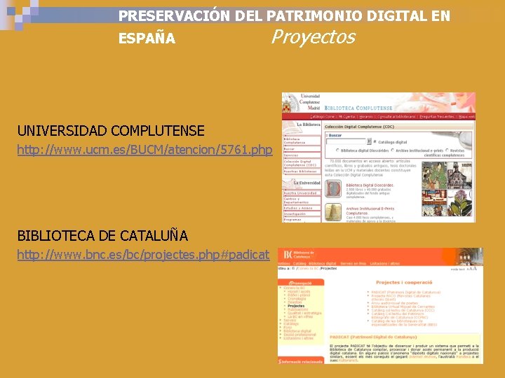 PRESERVACIÓN DEL PATRIMONIO DIGITAL EN ESPAÑA Proyectos UNIVERSIDAD COMPLUTENSE http: //www. ucm. es/BUCM/atencion/5761. php