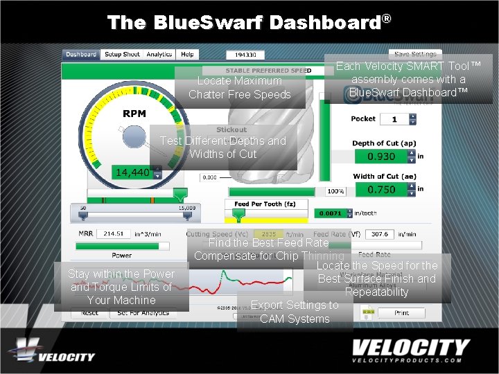 The Blue. Swarf Dashboard® Locate Maximum Chatter Free Speeds Each Velocity SMART Tool™ assembly
