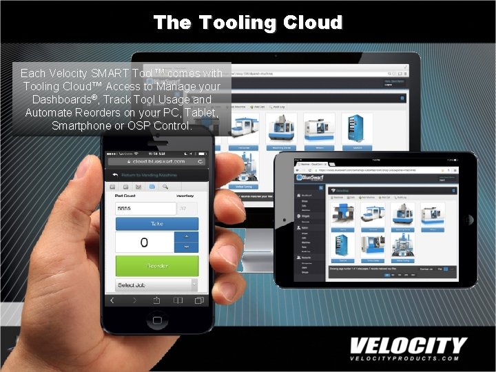 The Tooling Cloud Each Velocity SMART Tool™ comes with Tooling Cloud™ Access to Manage
