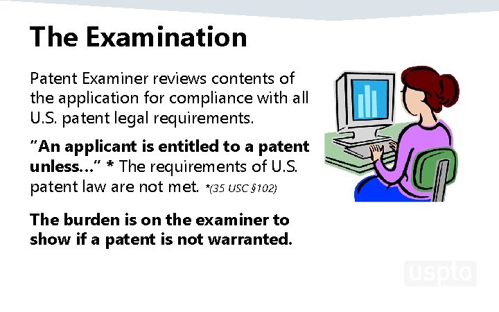 The Examination Patent Examiner reviews contents of the application for compliance with all U.