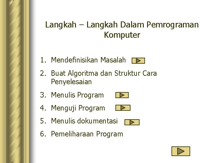 Langkah – Langkah Dalam Pemrograman Komputer 1. Mendefinisikan Masalah 2. Buat Algoritma dan Struktur