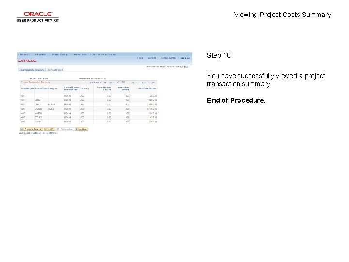 Viewing Project Costs Summary Step 18 You have successfully viewed a project transaction summary.