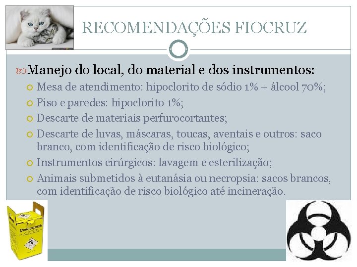  RECOMENDAÇÕES FIOCRUZ Manejo do local, do material e dos instrumentos: Mesa de atendimento: