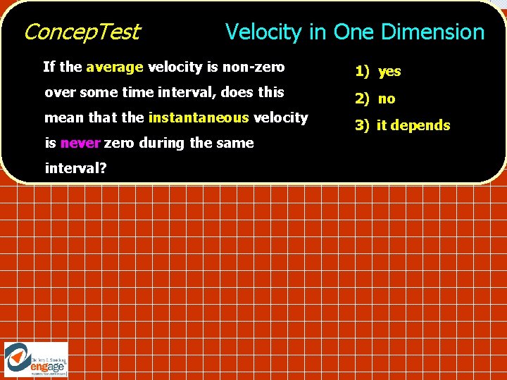 Concep. Test Velocity in One Dimension If the average velocity is non-zero 1) yes