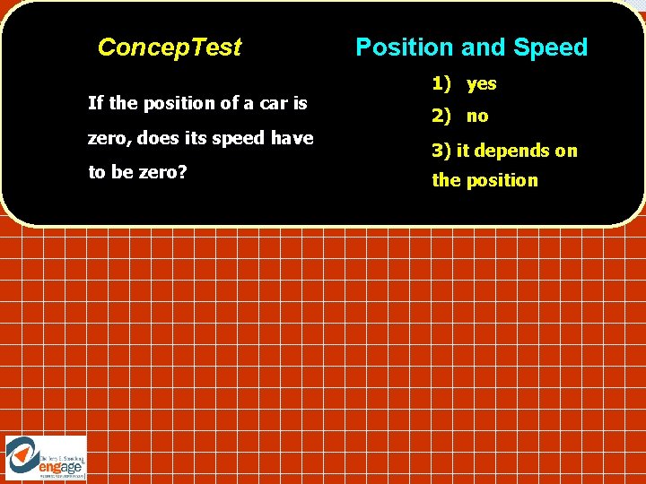 Concep. Test If the position of a car is zero, does its speed have