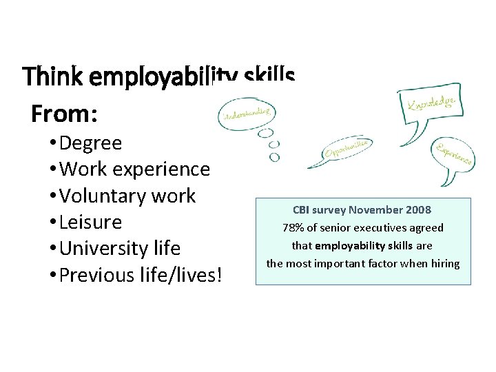 Think employability skills From: • Degree • Work experience • Voluntary work • Leisure