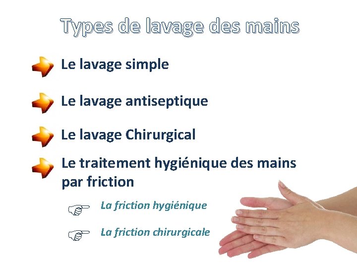 Types de lavage des mains Le lavage simple Le lavage antiseptique Le lavage Chirurgical