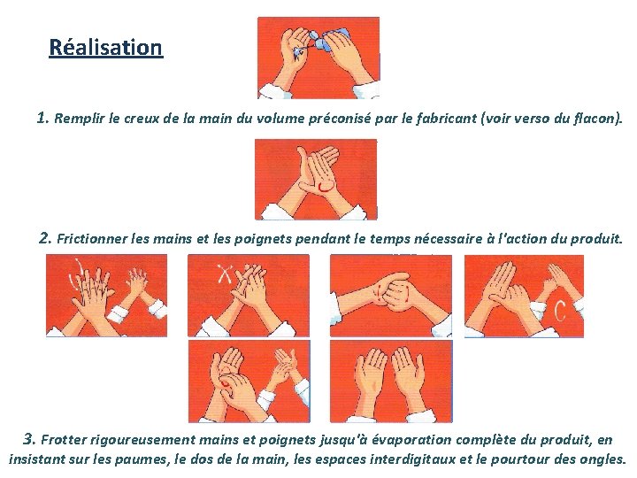 Réalisation 1. Remplir le creux de la main du volume préconisé par le fabricant