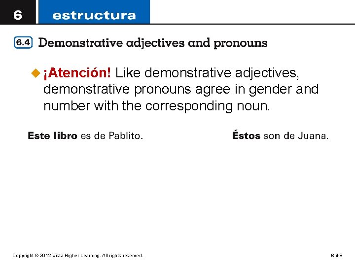 u ¡Atención! Like demonstrative adjectives, demonstrative pronouns agree in gender and number with the
