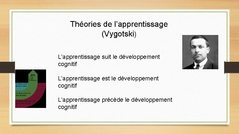 Théories de l’apprentissage (Vygotski) L’apprentissage suit le développement cognitif L’apprentissage est le développement cognitif