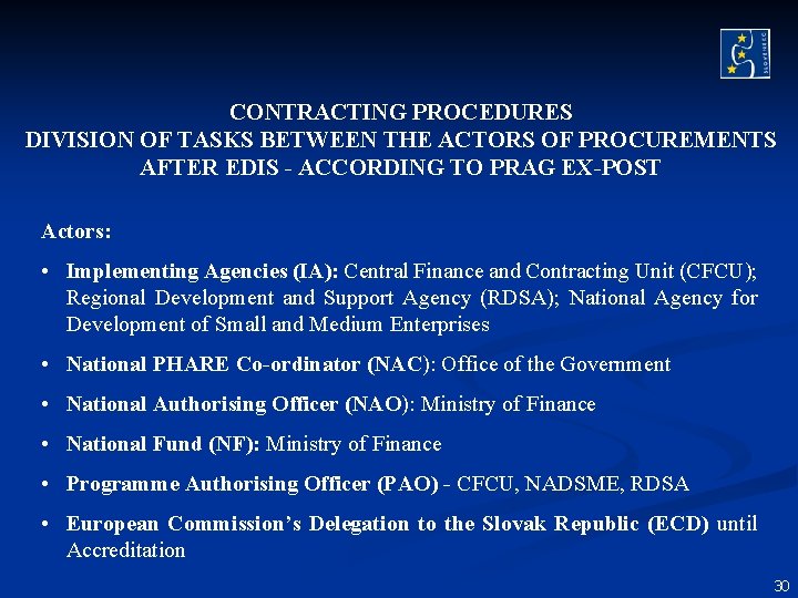CONTRACTING PROCEDURES DIVISION OF TASKS BETWEEN THE ACTORS OF PROCUREMENTS AFTER EDIS - ACCORDING CONTRACTING PROCEDURES DIVISION OF TASKS BETWEEN THE ACTORS OF PROCUREMENTS AFTER EDIS - ACCORDING