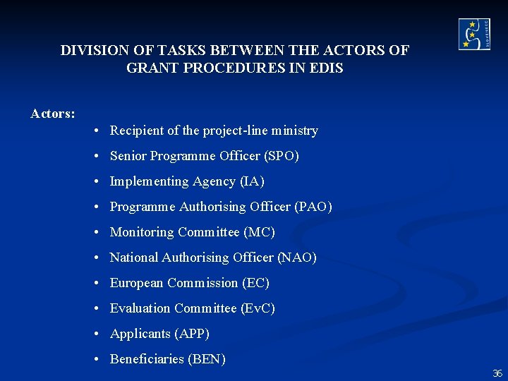 DIVISION OF TASKS BETWEEN THE ACTORS OF GRANT PROCEDURES IN EDIS Actors: • Recipient DIVISION OF TASKS BETWEEN THE ACTORS OF GRANT PROCEDURES IN EDIS Actors: • Recipient
