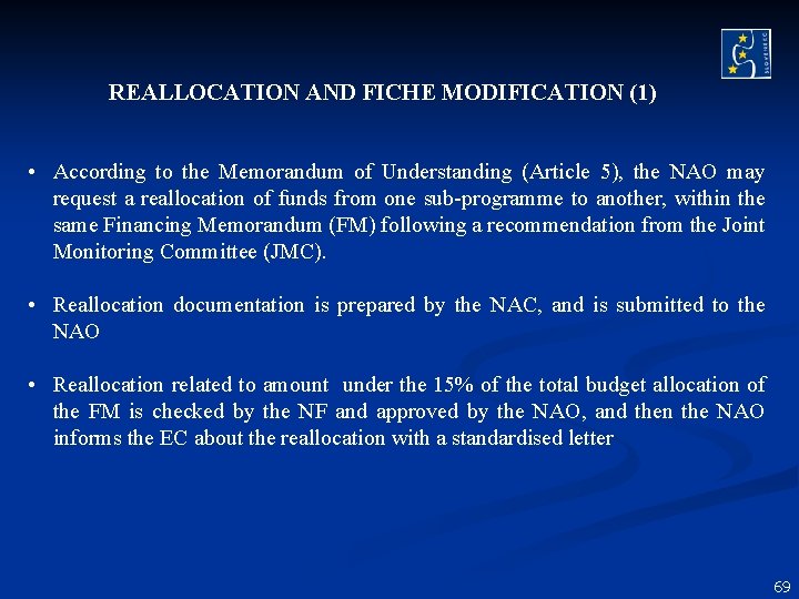 REALLOCATION AND FICHE MODIFICATION (1) • According to the Memorandum of Understanding (Article 5), REALLOCATION AND FICHE MODIFICATION (1) • According to the Memorandum of Understanding (Article 5),