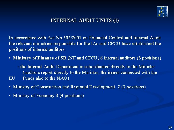 INTERNAL AUDIT UNITS (1) In accordance with Act No. 502/2001 on Financial Control and INTERNAL AUDIT UNITS (1) In accordance with Act No. 502/2001 on Financial Control and