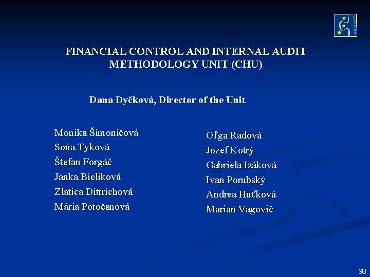 FINANCIAL CONTROL AND INTERNAL AUDIT METHODOLOGY UNIT (CHU) Dana Dyčková, Director of the Unit FINANCIAL CONTROL AND INTERNAL AUDIT METHODOLOGY UNIT (CHU) Dana Dyčková, Director of the Unit