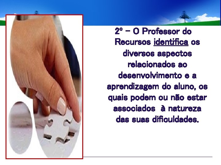 2º - O Professor do Recursos identifica os diversos aspectos relacionados ao desenvolvimento e
