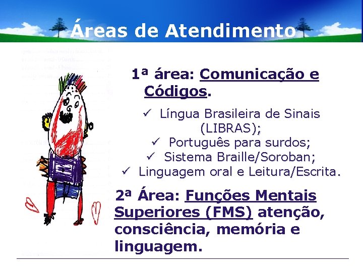 Áreas de Atendimento 1ª área: Comunicação e Códigos. ü Língua Brasileira de Sinais (LIBRAS);