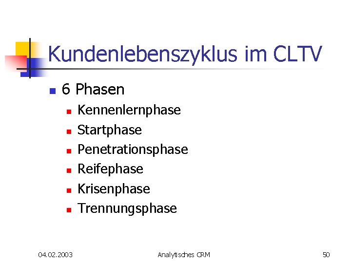 Kundenlebenszyklus im CLTV n 6 Phasen n n n 04. 02. 2003 Kennenlernphase Startphase Kundenlebenszyklus im CLTV n 6 Phasen n n n 04. 02. 2003 Kennenlernphase Startphase
