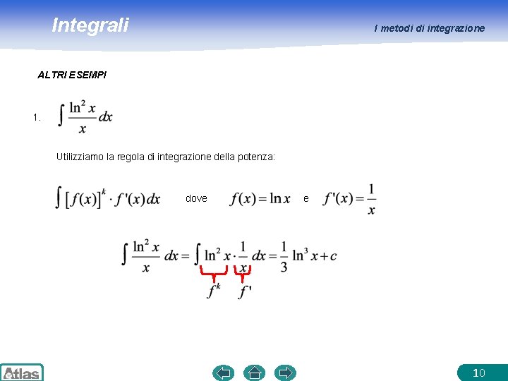 Integrali I metodi di integrazione ALTRI ESEMPI 1. Utilizziamo la regola di integrazione della Integrali I metodi di integrazione ALTRI ESEMPI 1. Utilizziamo la regola di integrazione della