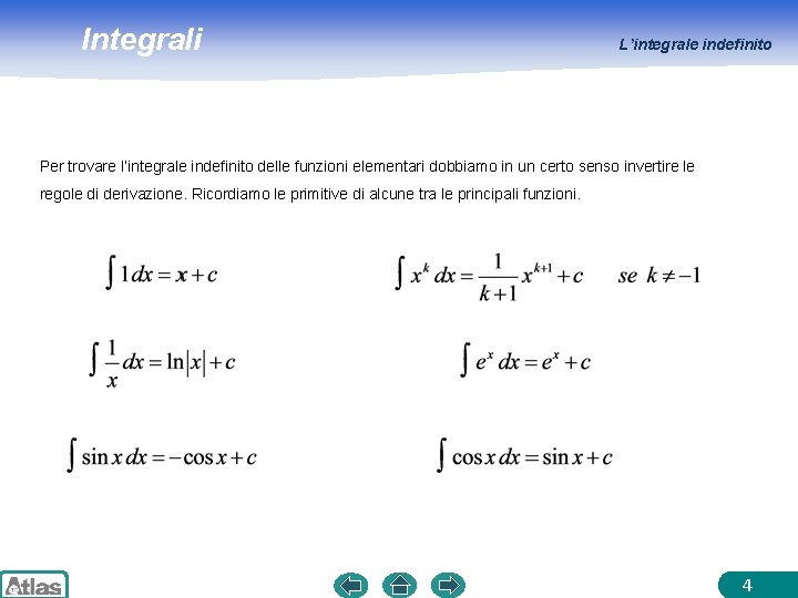 Integrali L’integrale indefinito Per trovare l’integrale indefinito delle funzioni elementari dobbiamo in un certo