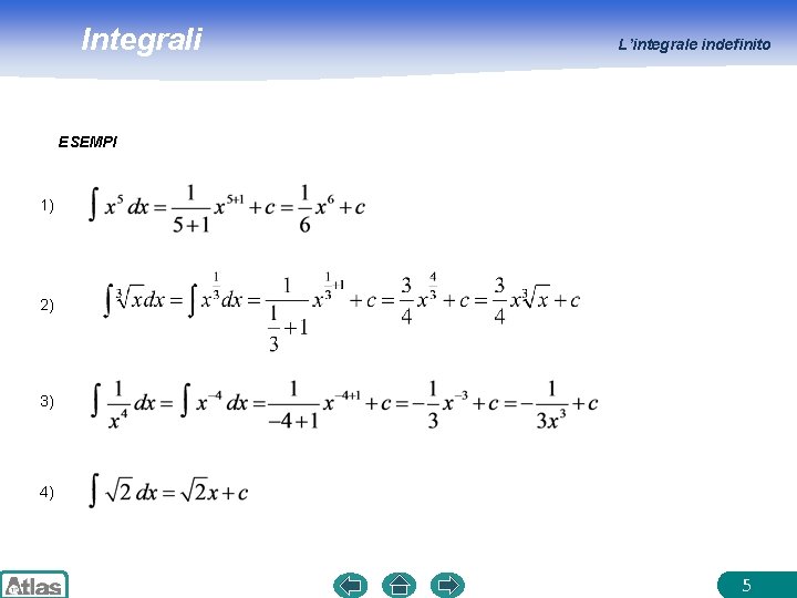 Integrali L’integrale indefinito ESEMPI 1) 2) 3) 4) 5 