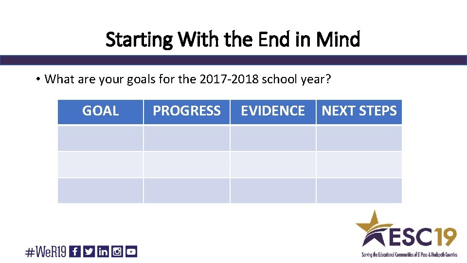 Starting With the End in Mind • What are your goals for the 2017