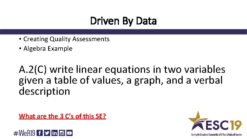 Driven By Data • Creating Quality Assessments • Algebra Example A. 2(C) write linear