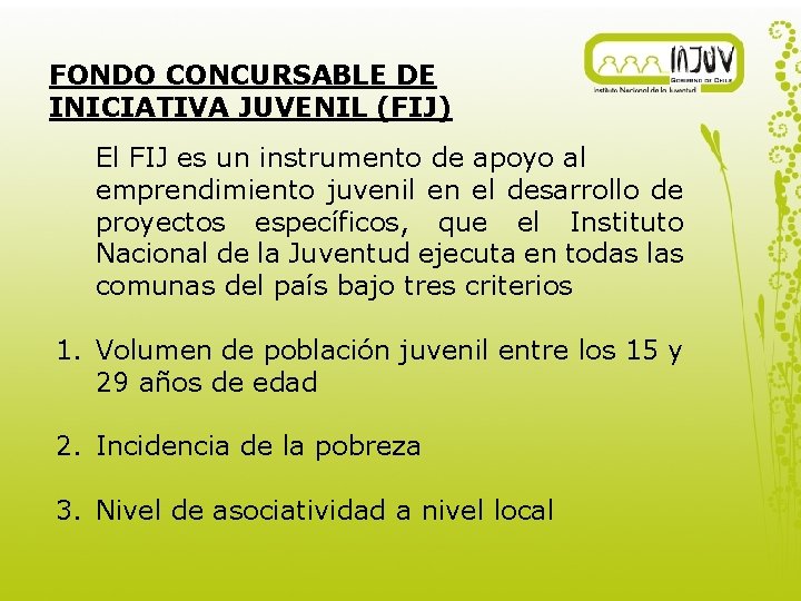 FONDO CONCURSABLE DE INICIATIVA JUVENIL (FIJ) El FIJ es un instrumento de apoyo al