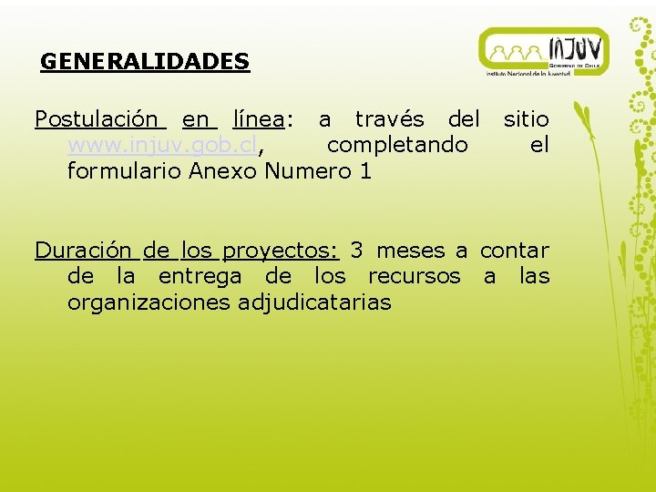 GENERALIDADES Postulación en línea: a través del www. injuv. gob. cl, completando formulario Anexo