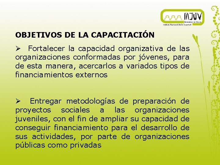 OBJETIVOS DE LA CAPACITACIÓN Ø Fortalecer la capacidad organizativa de las organizaciones conformadas por