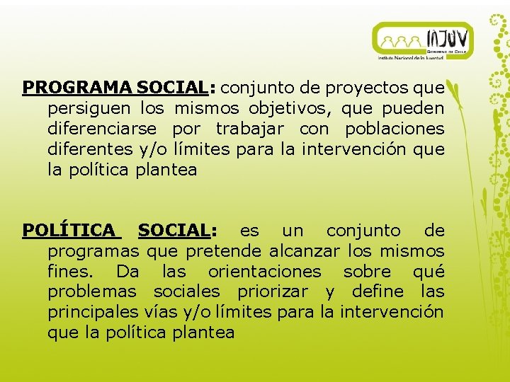 PROGRAMA SOCIAL: conjunto de proyectos que persiguen los mismos objetivos, que pueden diferenciarse por