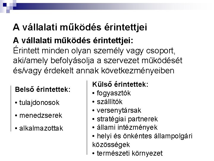 A vállalati működés érintettjei: Érintett minden olyan személy vagy csoport, aki/amely befolyásolja a szervezet