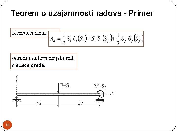 Teorem o uzajamnosti radova - Primer Koristeći izraz odrediti deformacijski rad sledeće grede. 18