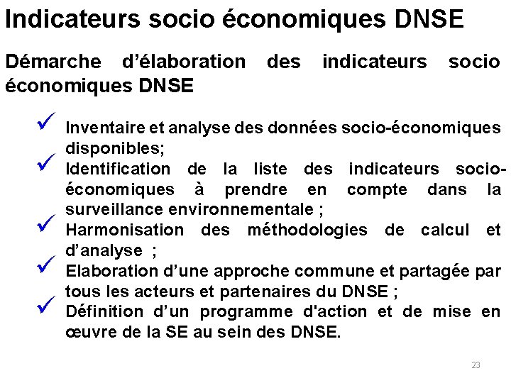 Indicateurs socio économiques DNSE Démarche d’élaboration des indicateurs socio économiques DNSE ü ü ü