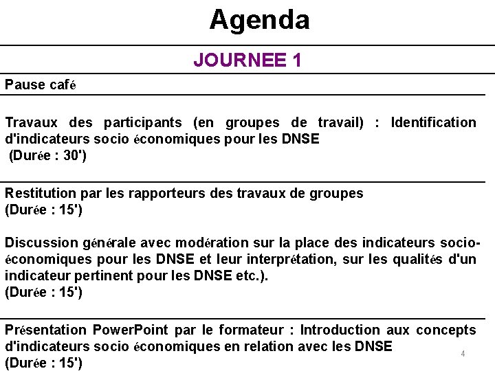 Agenda JOURNEE 1 Pause café Travaux des participants (en groupes de travail) : Identification