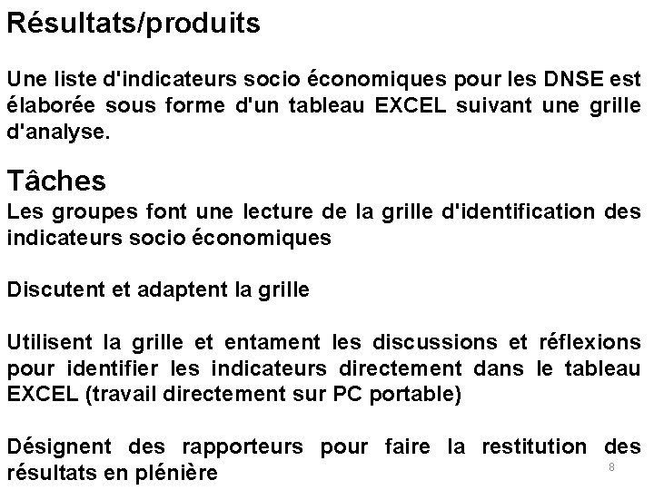 Résultats/produits Une liste d'indicateurs socio économiques pour les DNSE est élaborée sous forme d'un