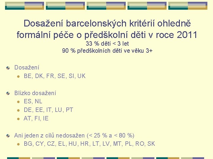 Dosažení barcelonských kritérií ohledně formální péče o předškolní děti v roce 2011 33 %