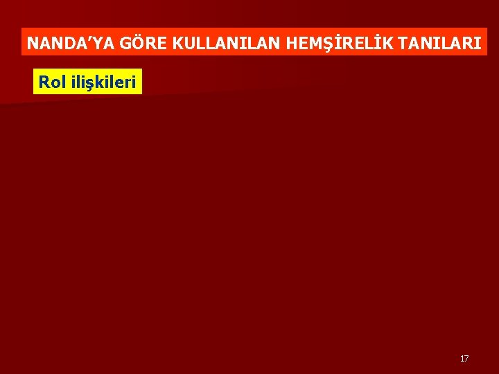NANDA’YA GÖRE KULLANILAN HEMŞİRELİK TANILARI Rol ilişkileri 17 NANDA’YA GÖRE KULLANILAN HEMŞİRELİK TANILARI Rol ilişkileri 17