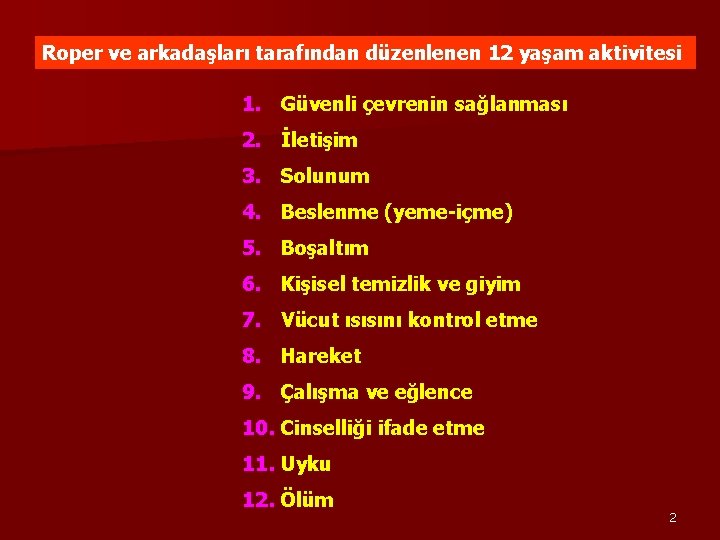 Roper ve arkadaşları tarafından düzenlenen 12 yaşam aktivitesi 1. Güvenli çevrenin sağlanması 2. İletişim