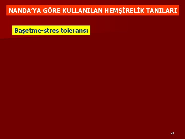 NANDA’YA GÖRE KULLANILAN HEMŞİRELİK TANILARI Başetme-stres toleransı 20 