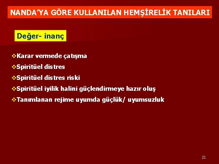 NANDA’YA GÖRE KULLANILAN HEMŞİRELİK TANILARI Değer- inanç v. Karar vermede çatışma v. Spiritüel distres