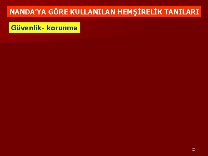 NANDA’YA GÖRE KULLANILAN HEMŞİRELİK TANILARI Güvenlik- korunma 22 NANDA’YA GÖRE KULLANILAN HEMŞİRELİK TANILARI Güvenlik- korunma 22