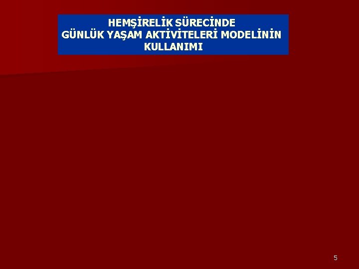 HEMŞİRELİK SÜRECİNDE GÜNLÜK YAŞAM AKTİVİTELERİ MODELİNİN KULLANIMI 5 HEMŞİRELİK SÜRECİNDE GÜNLÜK YAŞAM AKTİVİTELERİ MODELİNİN KULLANIMI 5