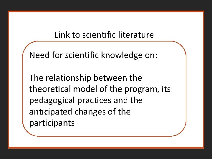 Link to scientific literature Need for scientific knowledge on: The relationship between theoretical model Link to scientific literature Need for scientific knowledge on: The relationship between theoretical model