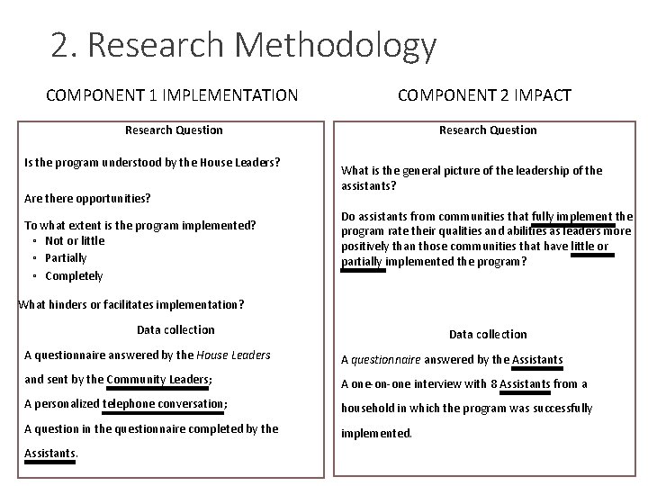 2. Research Methodology COMPONENT 1 IMPLEMENTATION COMPONENT 2 IMPACT Research Question Is the program