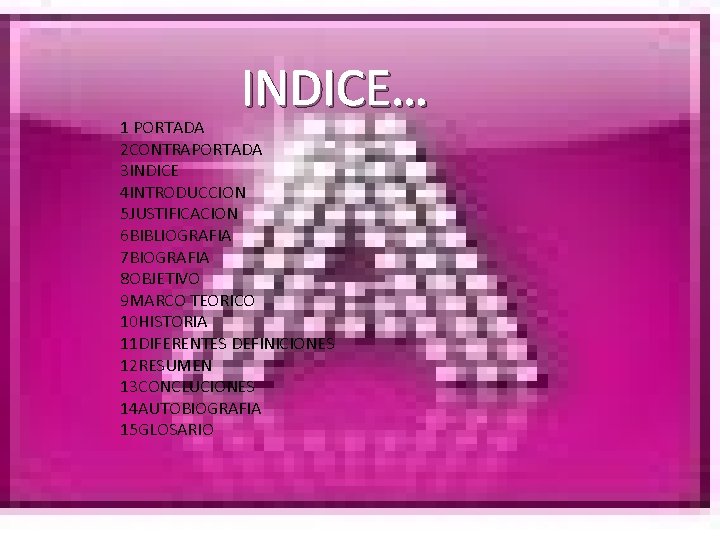 INDICE… 1 PORTADA 2 CONTRAPORTADA 3 INDICE 4 INTRODUCCION 5 JUSTIFICACION 6 BIBLIOGRAFIA 7